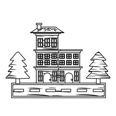 sketch of Street with houses and trees over white background, vector illustration