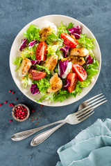 Fresh vegetable salad of tomatoes, cucumbers, italian mix, lettuce and grilled chicken breast