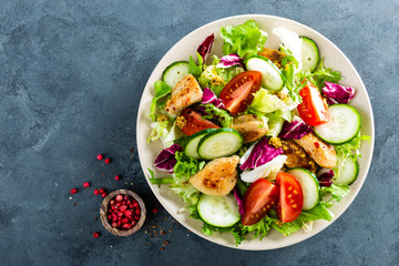 Fresh vegetable salad of tomatoes, cucumbers, italian mix, lettuce and grilled chicken breast