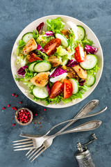 Fresh vegetable salad of tomatoes, cucumbers, italian mix, lettuce and grilled chicken breast