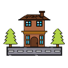 Two floors house with pine trees and the street  over white background colorful design vector illustration