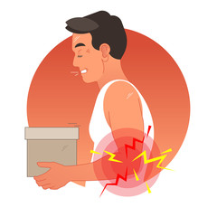 Elbow pain concept vector illustration with human torso carrying box. Pain circles on arm. 