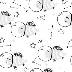 Baby seamless pattern - fish in the cosmic ocean. Flock of fish. Kids vector background.