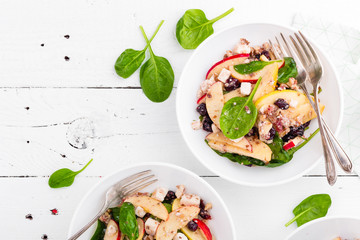 Healthy fruit and berry salad with fresh apples, cranberries, walnuts, italian ricotta cheese and spinach leaves. Delicious and nutritious diet dish for breakfast
