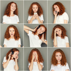 Emotions set of young woman at studio background