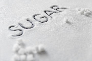 Fototapeta na wymiar Sugar Word. White Sugar On Background
