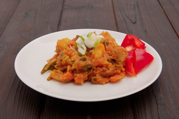Potato goulash with tofu on a table