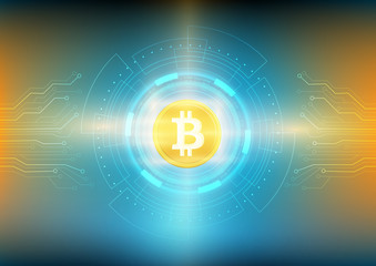 Abstract information and the future of technology. Cryptocurrency bitcoin with circuit lines effect.