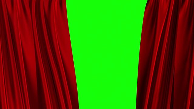 Red Curtains Opening. Green Screen. 3D Animation. 4K. 3840x2160.