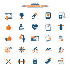 25 fitness icons set, gym, workout, exercises, training pictograms, vector illustration