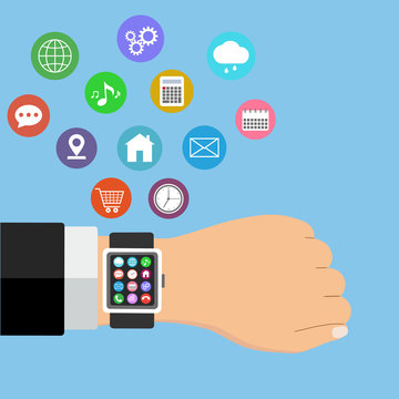 Hand with smart watch on a blue background. Design elements and app icons.