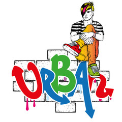 Stylish guy in jeans and sneakers. Vector illustration for a postcard or a poster, print for clothes. Street cultures.