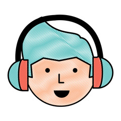 Cartoon man face with headphones over white background, colorful design. vector illustration