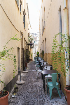 Terrace Of A Restaurant In Cefalu In Sicily, Italy