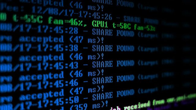 Mining Cryptocurrency process program on display PC. Using Software. Share Found.
