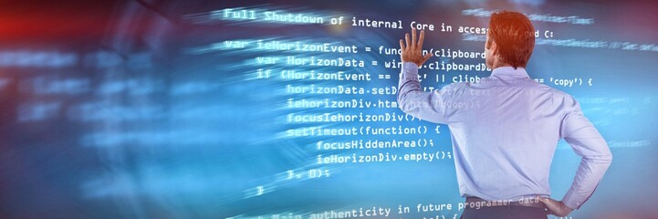 Obraz premium Composite image of rear view of businessman with hand on hip