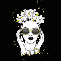 Beautiful girl with glasses and in a flower wreath. Vector illustration. Fashion & Style. Lilies.