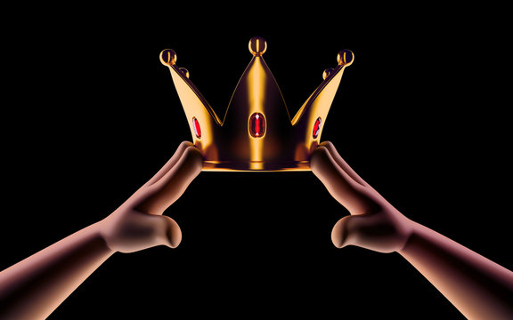 Hands cartoon are wearing a golden crown on head copy space isolated on dark background. Winner. Leader. Selfish person. Award ceremony concept.  3d render