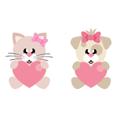 cartoon cute dog and cat girl with heart