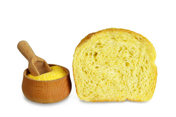 Cornbread and corn flour isolated on white