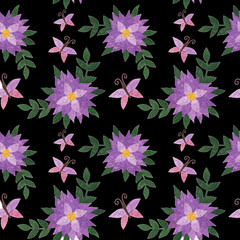 Seamless pattern with watercolor vintage violet flower with butterfly