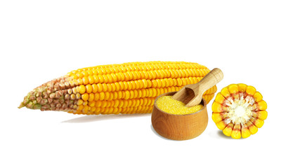  Corn flour and corn cobs isolated on white background © izzzy71