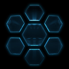 Blue buttons in hexagon format on a isolated dark background. 3d render
