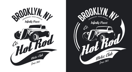 Vintage hot rod black and white tee-shirt isolated vector logo. 
Premium quality old sport car hipster t-shirt emblem illustration. Brooklyn, New York street wear superior retro tee print design.