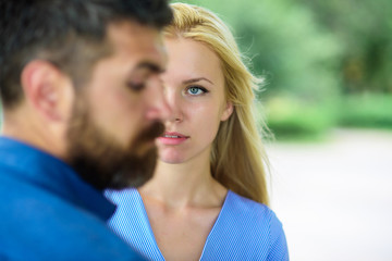 Fototapeta premium First meet of strangers, girl with disappointed face looks