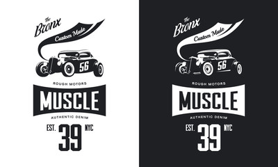 Vintage hot rod vehicle black and white isolated vector tee-shirt logo.
Premium quality sport car logotype t-shirt emblem illustration. Bronx, New York street wear hipster retro tee print design.