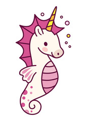 Cute unicorn with purple mane simple cartoon vector illustration. Simple flat line doodle icon contemporary style design element isolated on white. Magical creatures, fantasy, fairy, dreams theme.