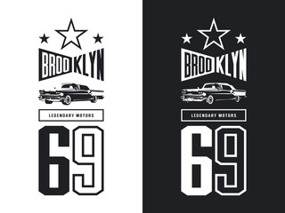 Vintage luxury vehicle black and white isolated vector logo.
Premium quality classic car logotype tee-shirt emblem illustration. Brooklyn, New York street wear number hipster retro tee print design.