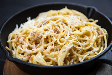 Spaghetti carbonara with egg and pancetta