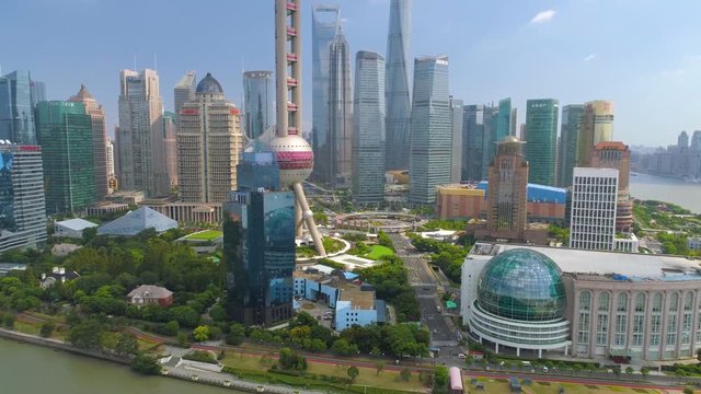 SHANGHAI, CHINA - MAY 5, 2017: Aerial view video, business skycreapers skyline Huangpu river bridge