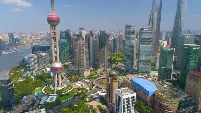 SHANGHAI, CHINA - MAY 5, 2017: Aerial view video, business skycreapers skyline Huangpu river bridge