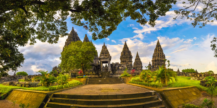 Panorama of the complex of ancient temples of Prambanan - Powered by Adobe