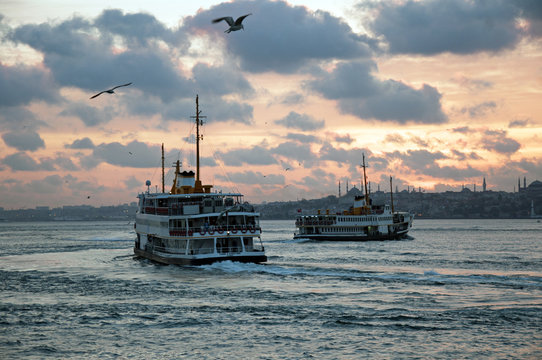 Steamboat aka ferry at bosphorus at sunset in istanbul