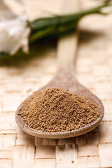 Wooden spoon full of pure sugar.