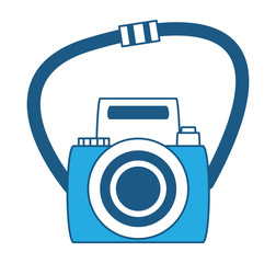 photographic camera with strap icon over white background, blue shading design. vector illustration