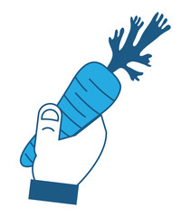 Hand holding a Carrot icon over white background, blue shading design. vector illustration