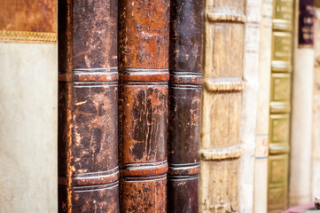 Books in a row. Old leather covered books.