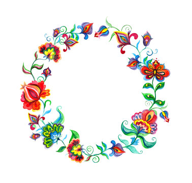 Decorative folk art flowers - floral wreath in slavic motifs. Watercolor