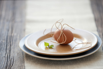 Close-up of yellow bird egg with rope and green leaves on plates and wooden vintage background