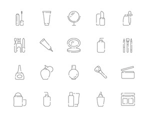 Simple set of Cosmetic products and Makeup vector line web icons. Contains such Icons as Lipstick, Eyeshadow, Oil, Cream and more. Editable Stroke. 48x48 Pixel Perfect.