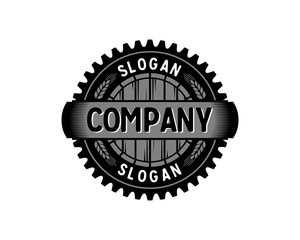 Brewing Factory - Gear with Barrel and Wheat Circle Symbol Ventage Retro Logo Vector