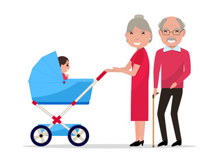 Vector cartoon grandparents with a pram, a toddler