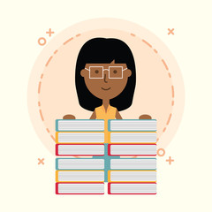 cartoon woman school teacher with a stack of  books over white background, colorful design. vector illustration