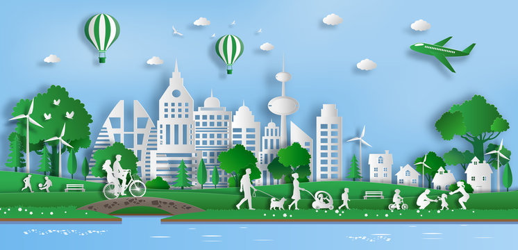 Paper art style of landscape with eco green city, people enjoy fresh air in the park, save the planet and energy concept, flat-style vector illustration.