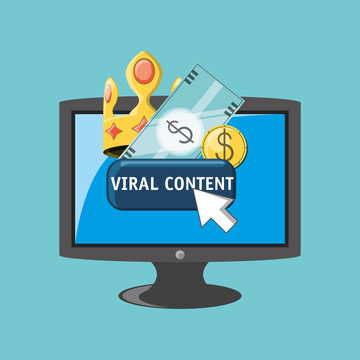 Viral content design with computer and related icons over blue  background, colorful design . vector illustration