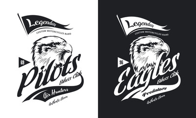 Vintage American furious eagle custom bikes motor club t-shirt black and white isolated vector logo.
Premium quality bikers band logotype tee-shirt emblem illustration. 